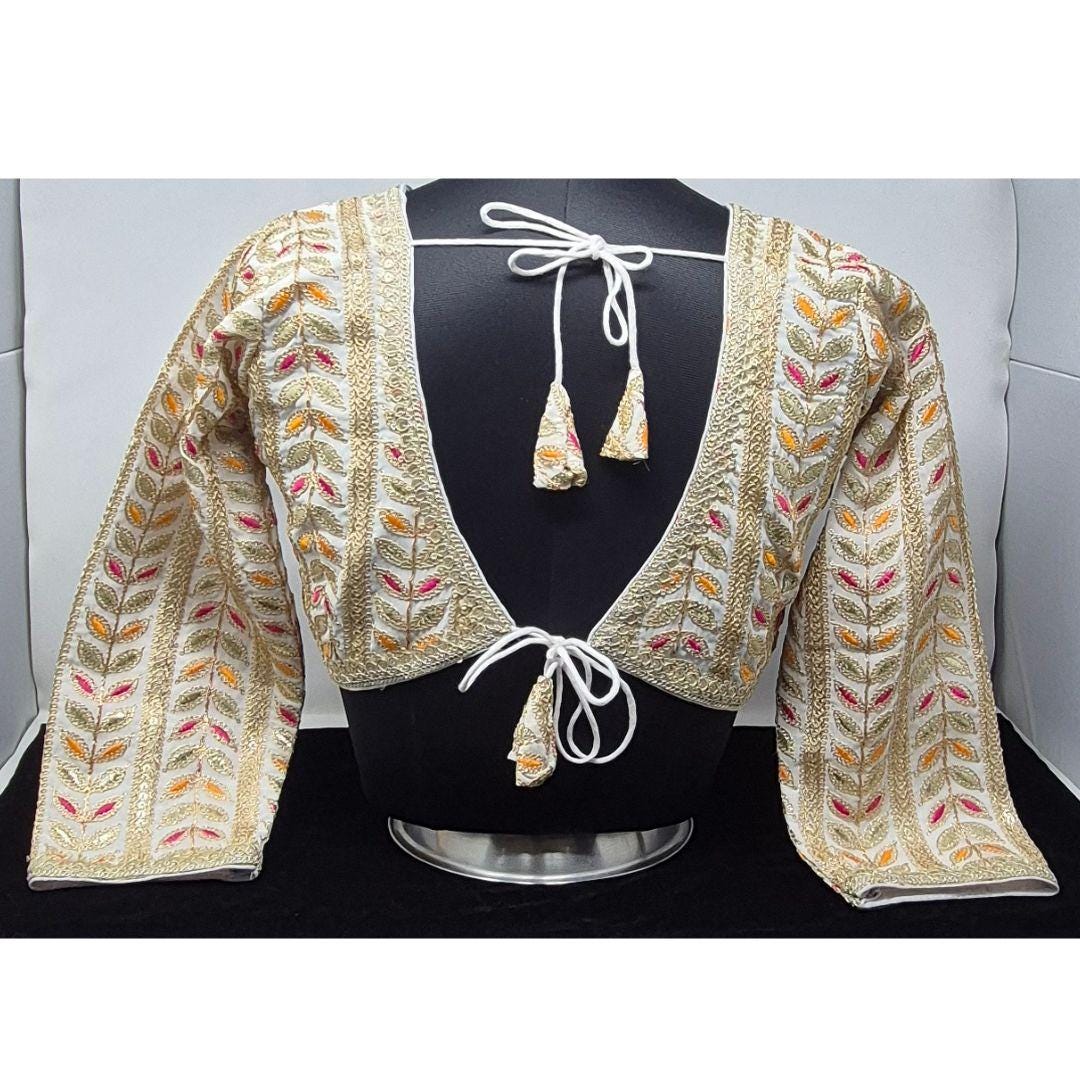 Indian designer Off White color Sequin Embroidered stitched blouse, Readymade Indian Bridal Saree Blouse, latest design blouse for women
