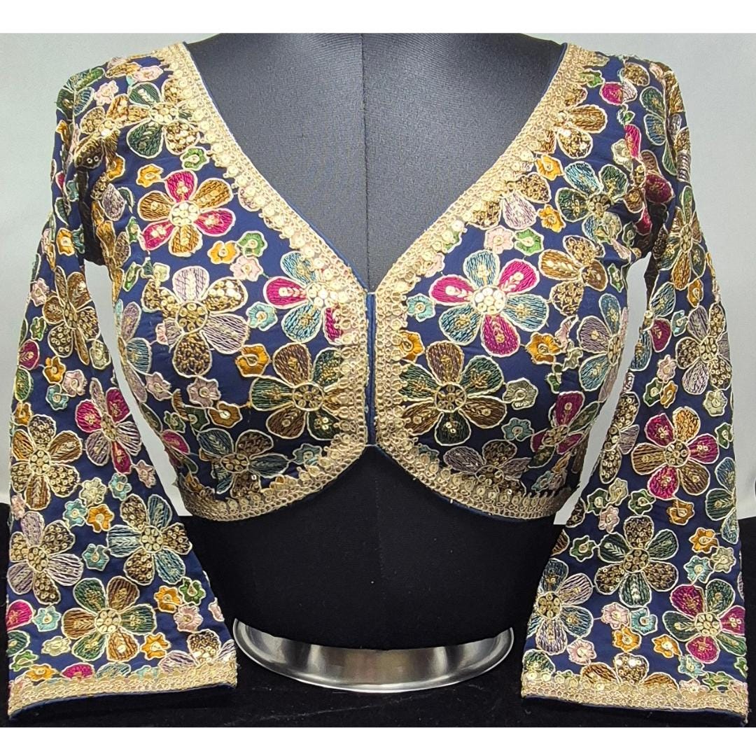 Indian designer Blue color Sequin Embroidered stitched blouse, Readymade Indian Bridal Saree Blouse, latest design blouse for women