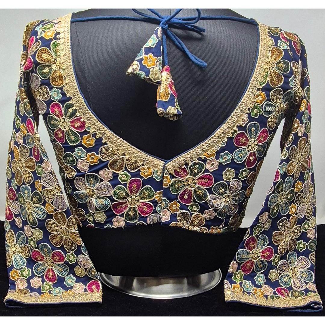 Indian designer Blue color Sequin Embroidered stitched blouse, Readymade Indian Bridal Saree Blouse, latest design blouse for women