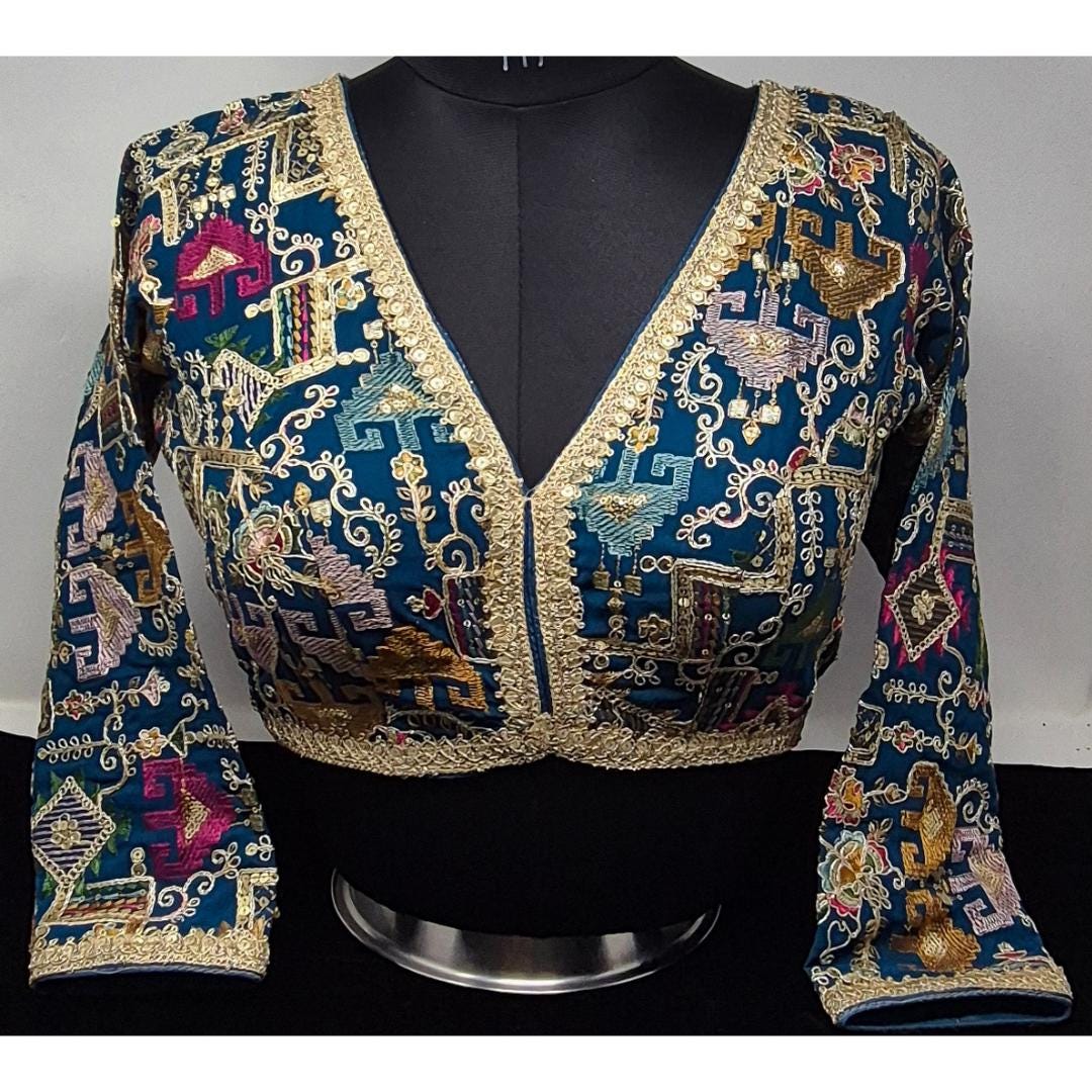 Indian designer Turq Blue color Sequin Embroidered stitched blouse, Readymade Indian Bridal Saree Blouse, latest design blouse for women
