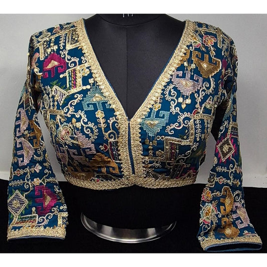 Indian designer Turq Blue color Sequin Embroidered stitched blouse, Readymade Indian Bridal Saree Blouse, latest design blouse for women