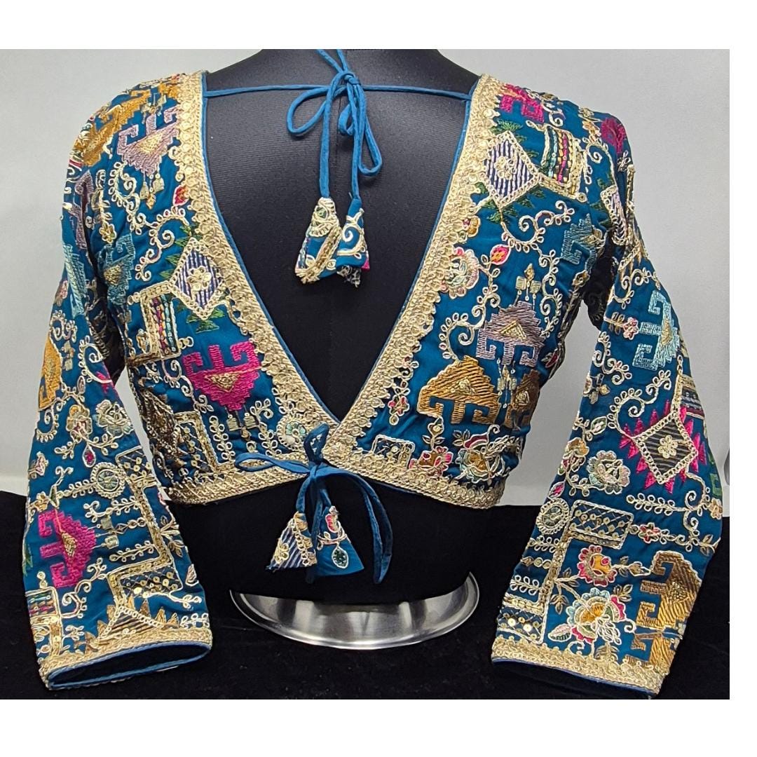 Indian designer Turq Blue color Sequin Embroidered stitched blouse, Readymade Indian Bridal Saree Blouse, latest design blouse for women
