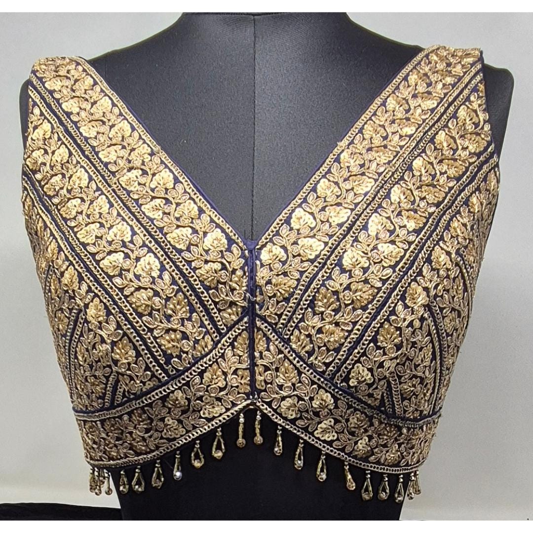 Indian designer Navy Blue color Sequin zari Embroidered stitched blouse Readymade Indian Bridal Saree Blouse, latest design blouse for women