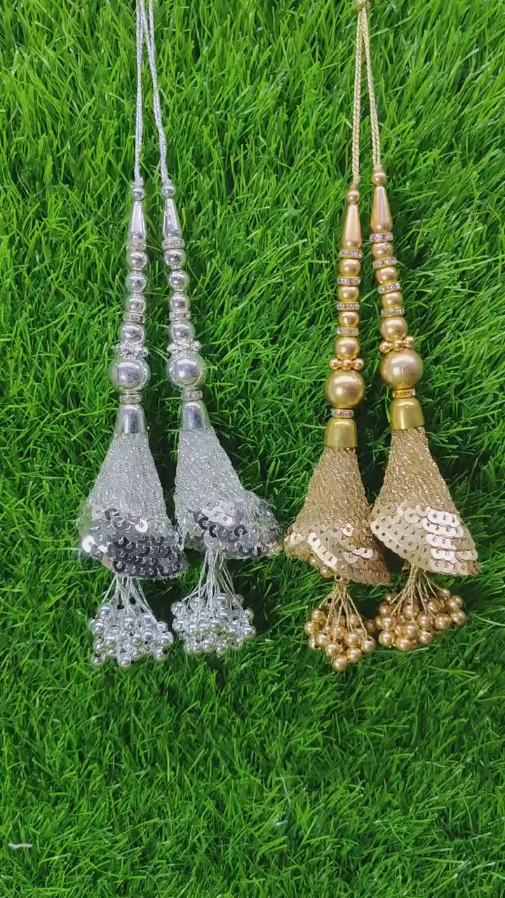Silver/ Gold Indian Beaded Tassel for Saree Blouse Lehenga Embellished HandBags Dupatta Decorative dress Latkan for Women 1 Pair