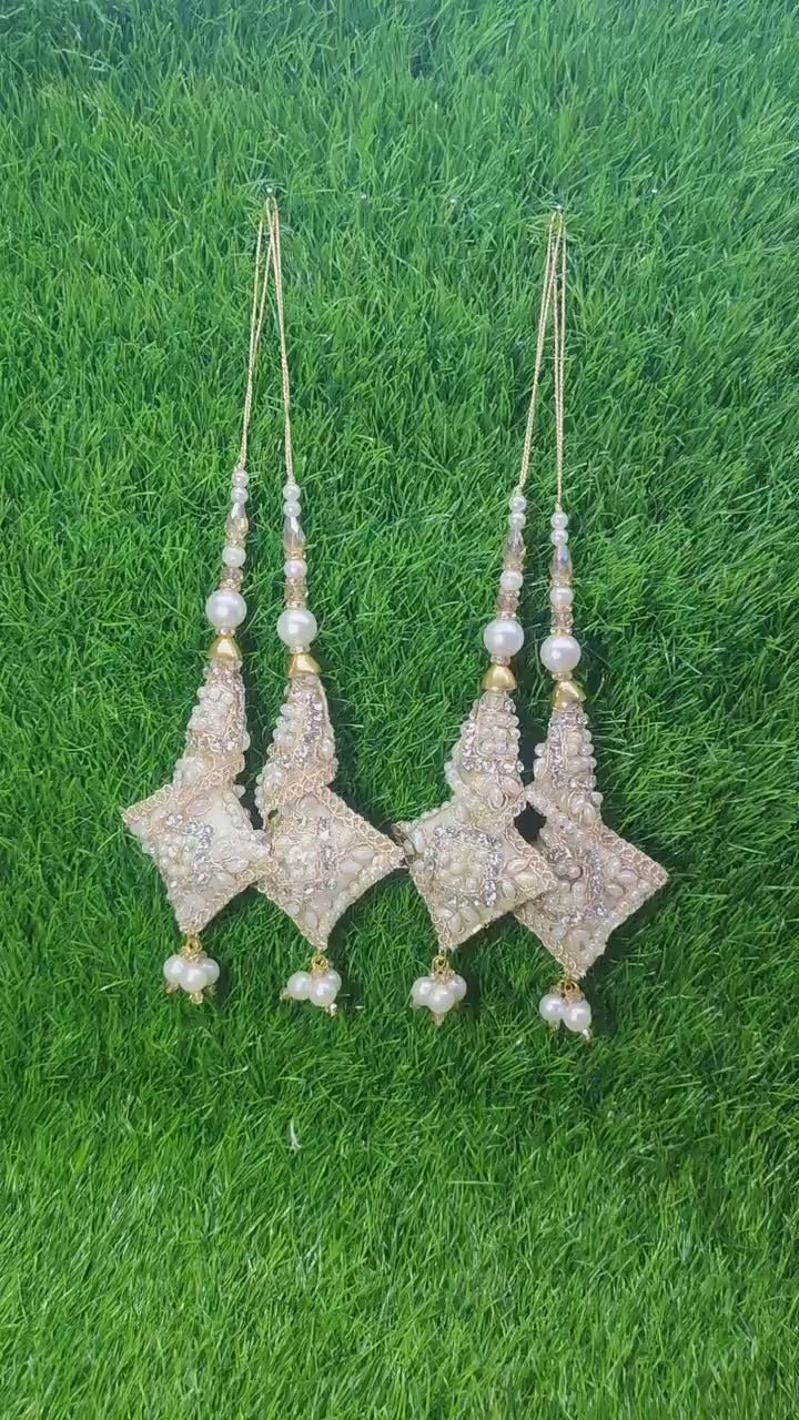 Off White Indian Beaded Cushioned Tassel for Saree Blouse Lehenga Embellished HandBags Dupatta Decorative dress Latkan for Women 1 Pair