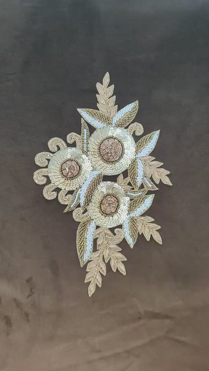 Handmade Indian Beaded Antique Gold Shoulder Applique Patch - Sewing Embellishment for Dresses, Cushions, Crafting, and Bags, 1 Piece
