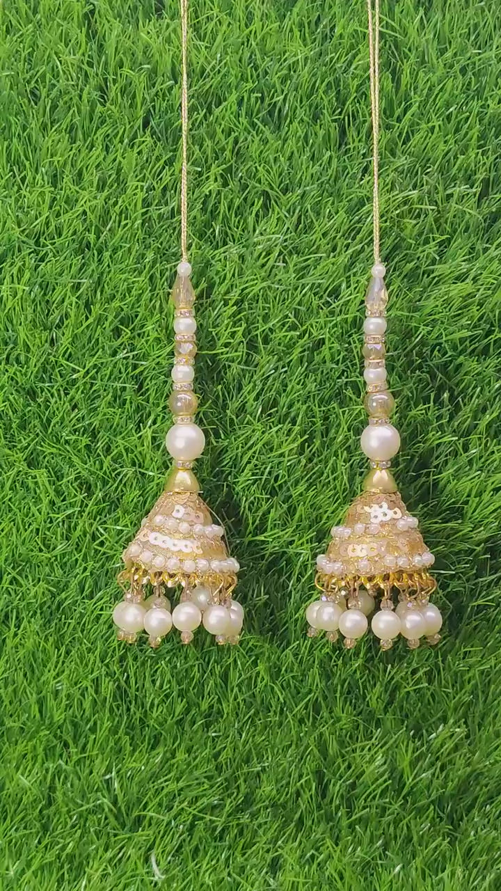 Gold Indian Beaded Tassel for Saree Blouse Lehenga Embellished HandBags Dupatta Decorative dress Latkan for Women 1 Pair