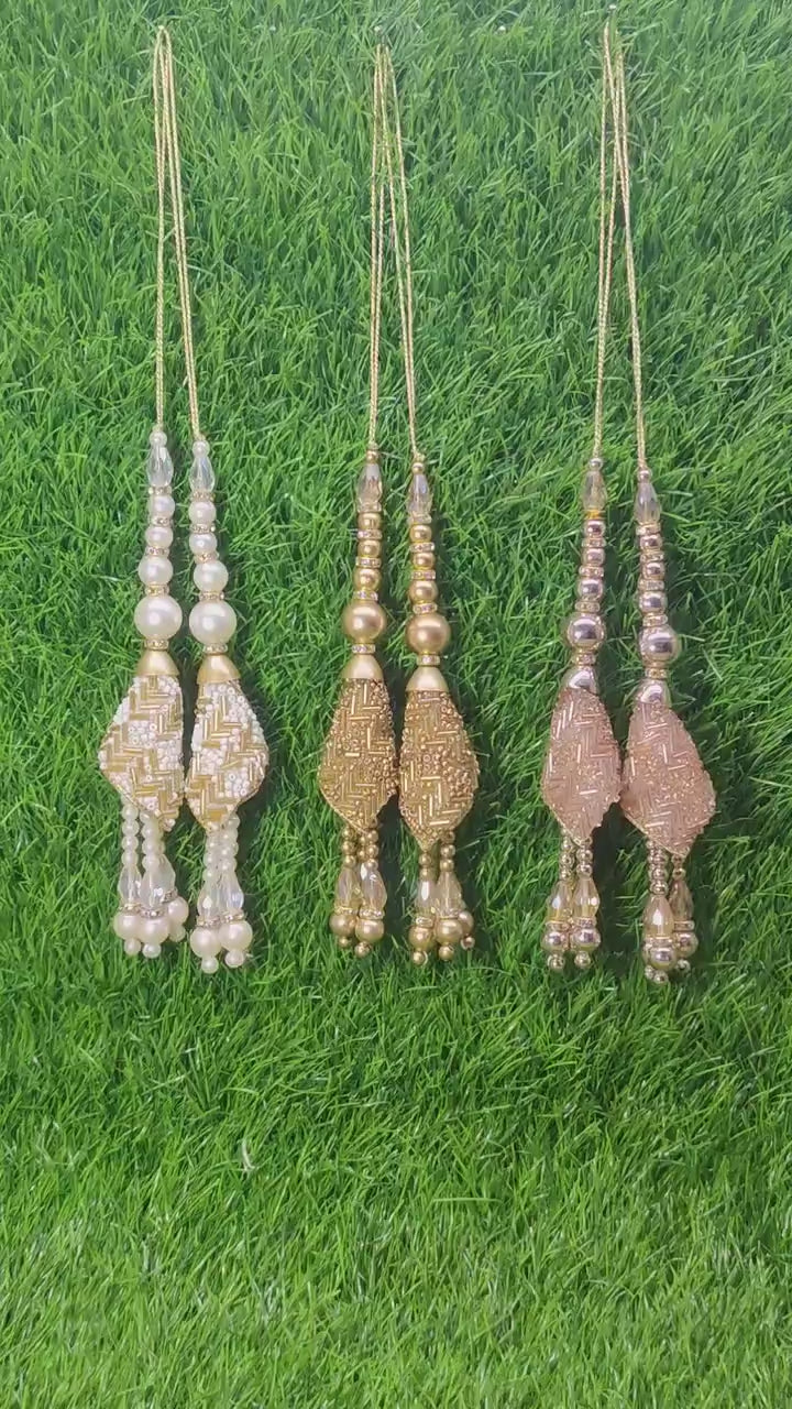 Golden White/ Golden/ Rose Gold Indian Beaded Tassel for Saree Blouse Lehenga Embellished HandBags Dupatta dress Latkan for Women 1 Pair