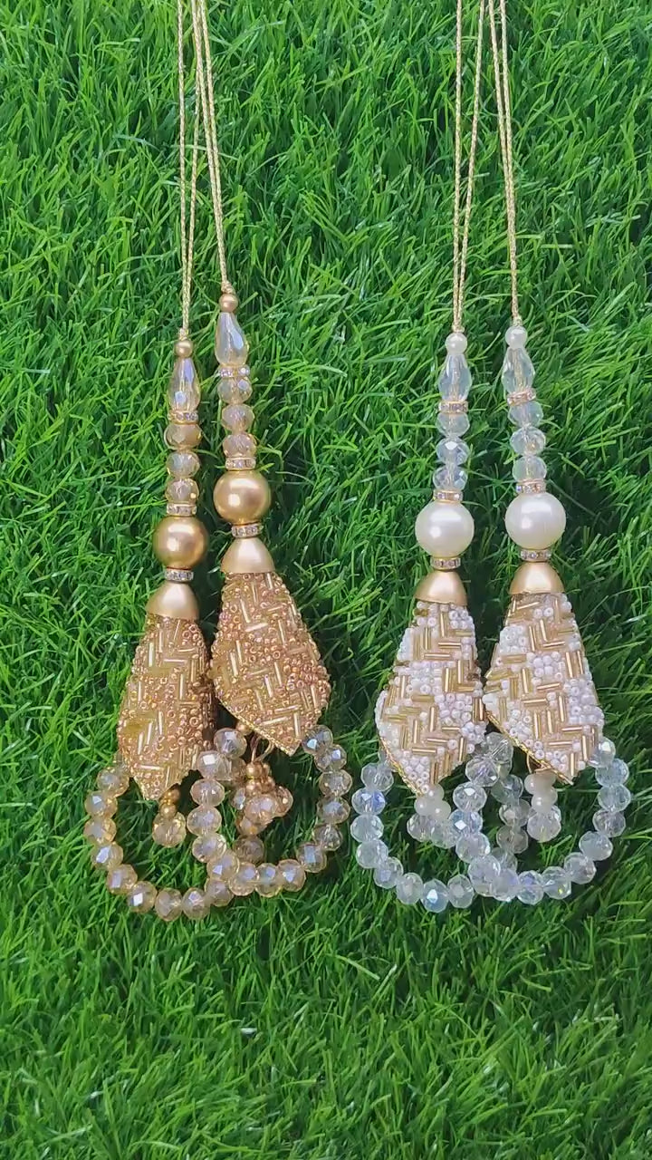 Golden/ White Indian Beaded Tassel for Saree Blouse Lehenga Embellished HandBags Dupatta Decorative dress Latkan for Women 1 Pair