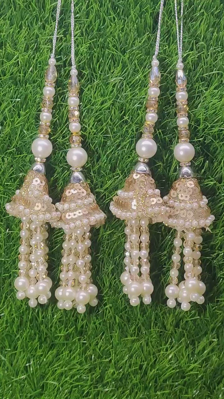 Golden White Indian Beaded Tassel for Saree Blouse Lehenga Embellished HandBags Dupatta Decorative dress Latkan for Women 1 Pair