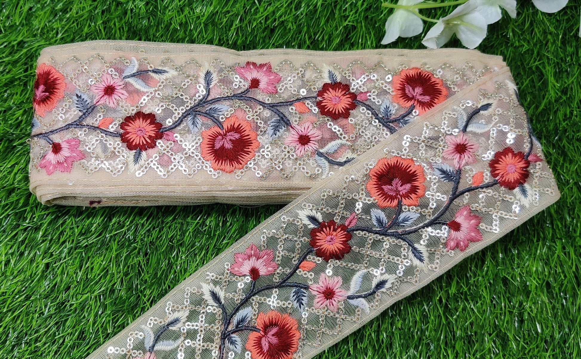 9 yard 6.5 cm wide Indian Saree Border Boho Lace Embroidery Ribbon Cushion Table runner curtains wedding Sewing Crafting Trim Headbands