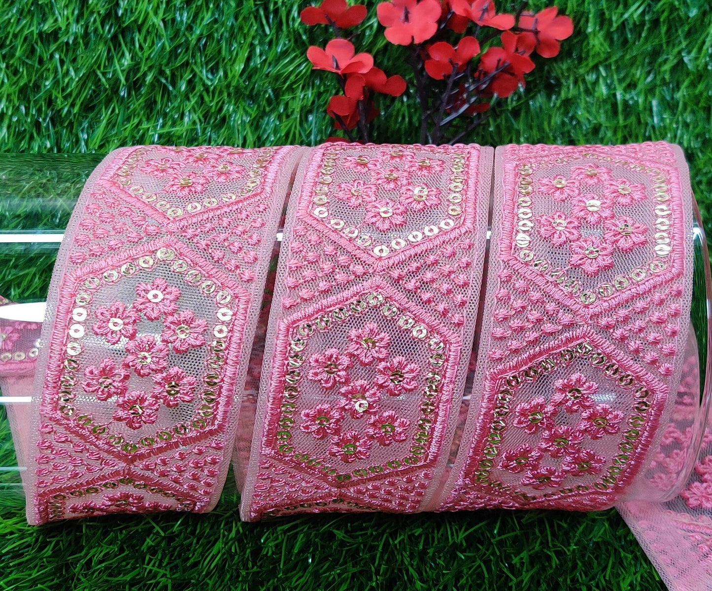 9 yard 4.0 cm wide Indian Saree Border Boho Lace Embroidery Ribbon Cushion Table runner curtains wedding Sewing Crafting Trim Headbands