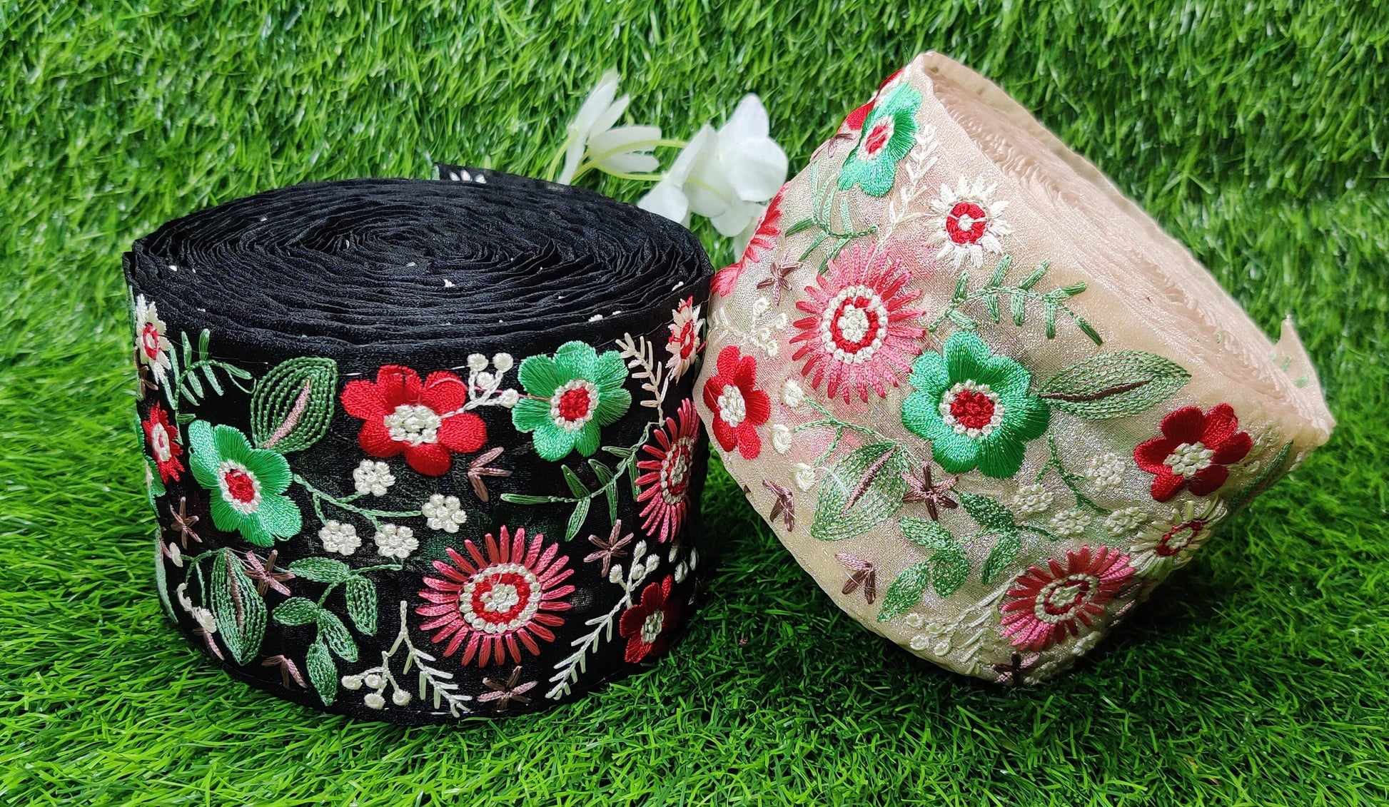 3 yard 8.0 cm wide Indian Saree Border Boho Lace Embroidery Ribbon Cushion Table runner curtains wedding Sewing Crafting Trim Headbands