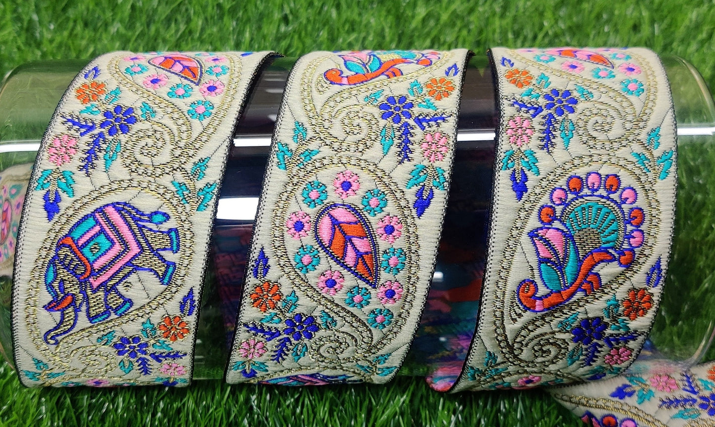 9 yard 5.0 cm wide Indian Saree Border Boho Lace Embroidery Ribbon Cushion Table runner curtains wedding Sewing Crafting Trim Headbands