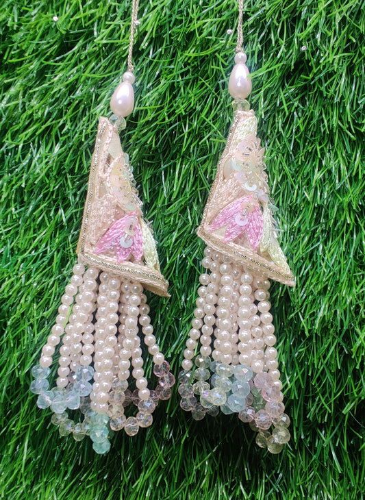 Indian Handmade Light Golden Beaded Latkan Tassels for Saree Blouse HandBags Hangings Dupatta Bridal Wedding dress for Women pair of 2 pcs