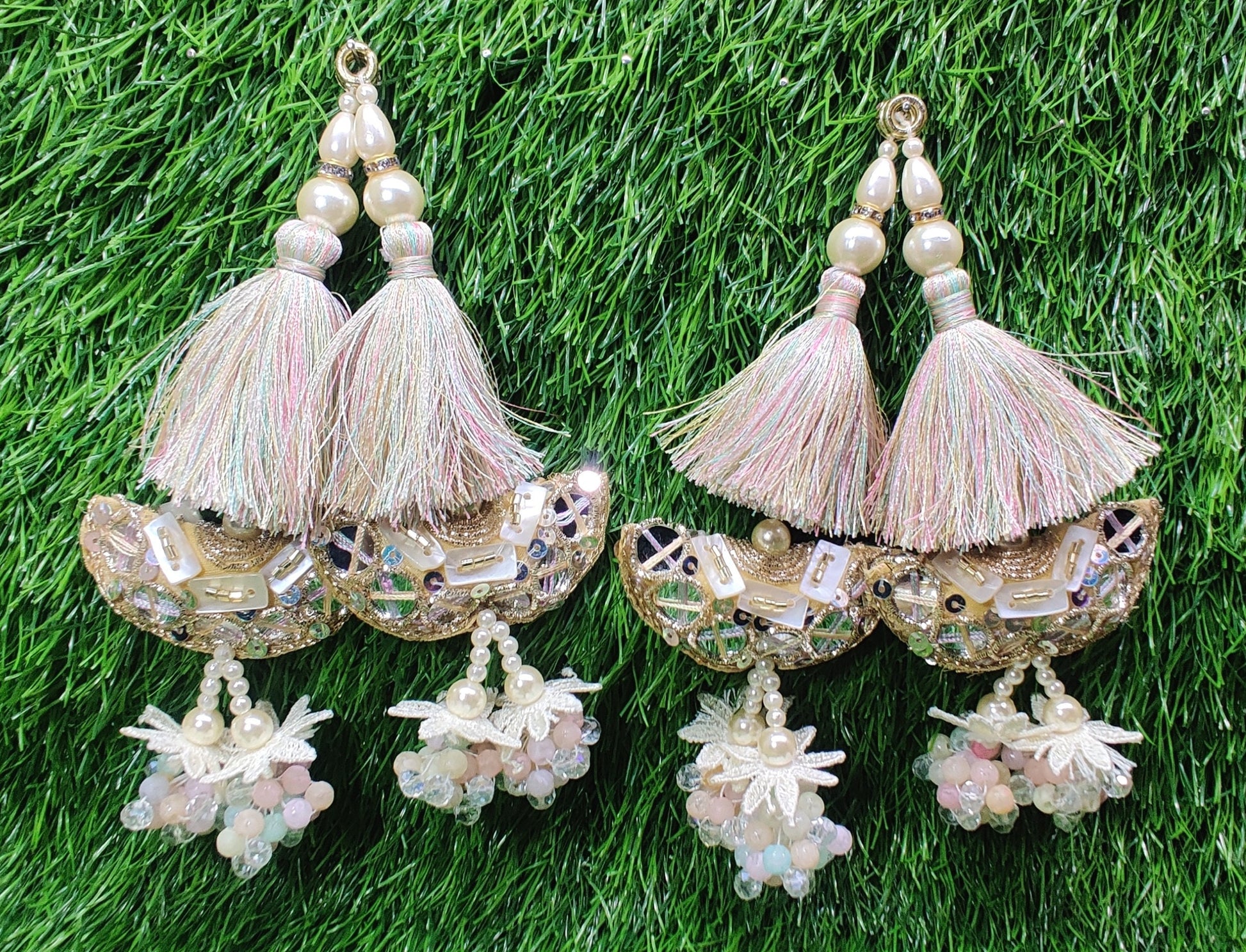 Indian Handmade Golden Beaded Latkan Tassels for Saree Blouse HandBags Hangings Dupatta Bridal Wedding dress for Women pair of 2 pcs