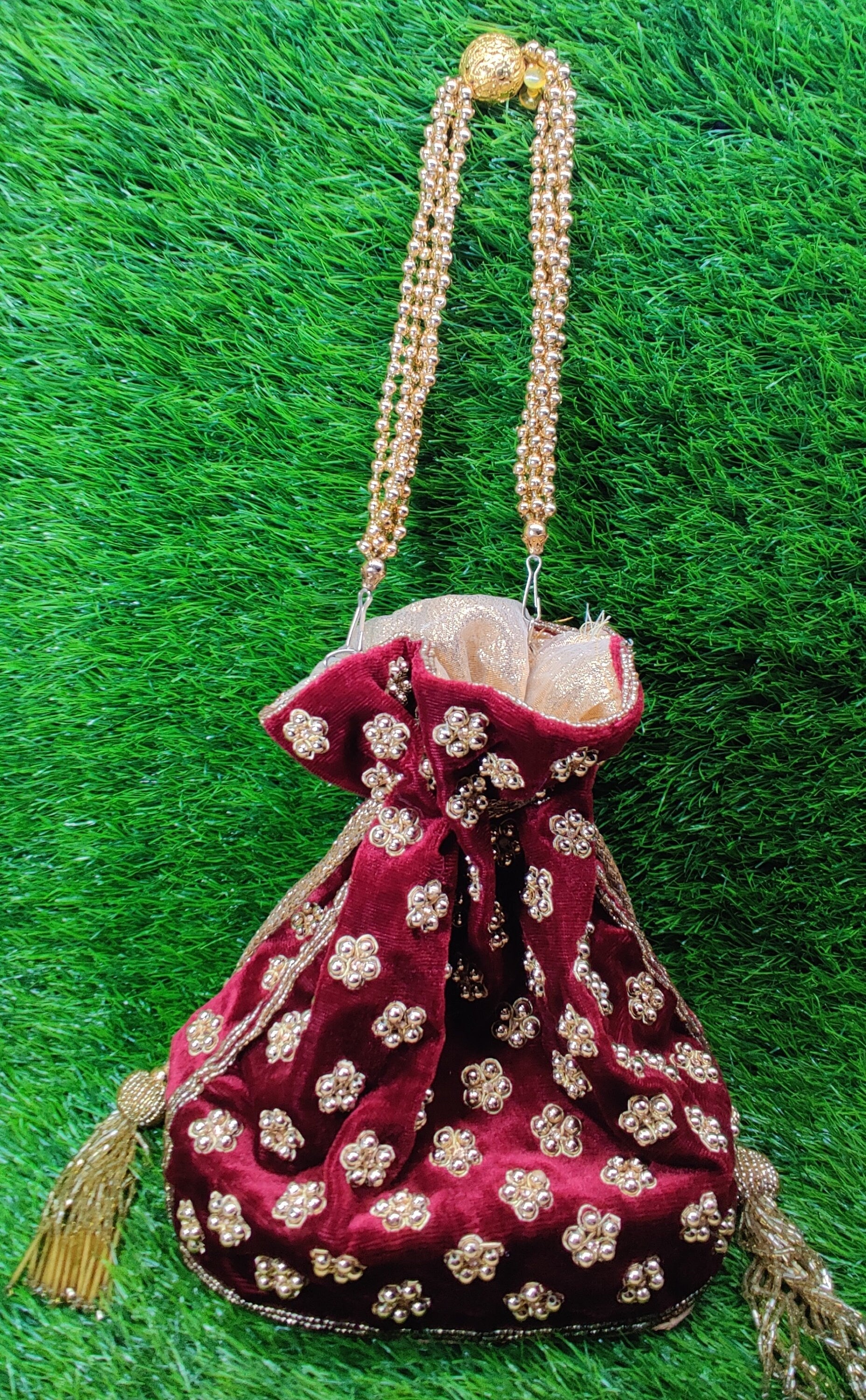 Indian Women Fashion Handmade Potli Bag, Ethnic Wedding And Festivals, hand bag, Bridal Bag Embellished With Beads & Pearls