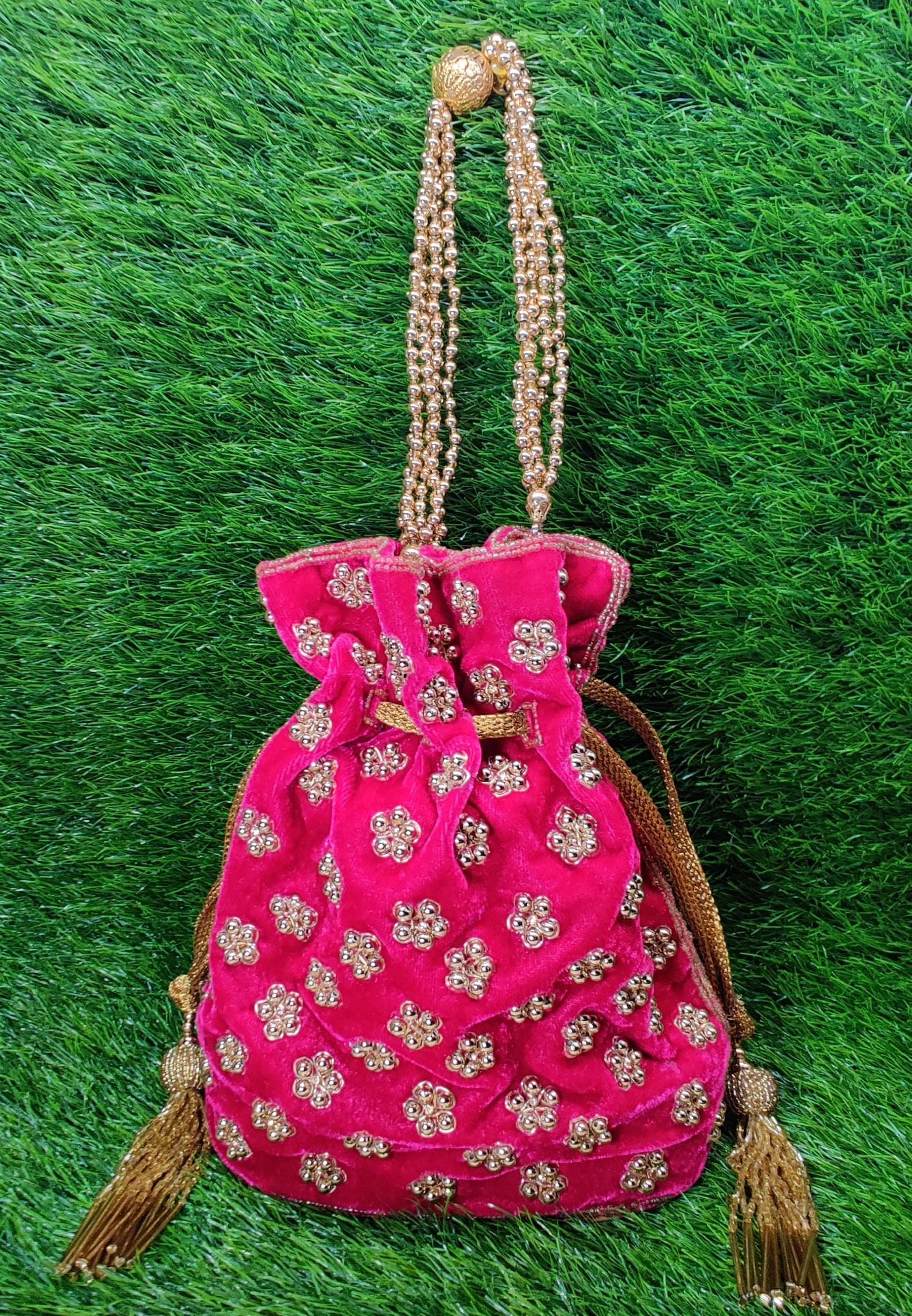 Indian Women Fashion Handmade Potli Bag, Ethnic Wedding And Festivals, hand bag, Bridal Bag Embellished With Beads & Pearls