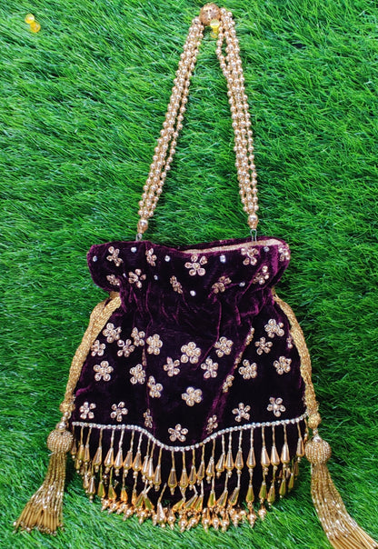 Indian Women Fashion Handmade Potli Bag, Ethnic Wedding And Festivals, hand bag, Bridal Bag Embellished With Beads & Pearls