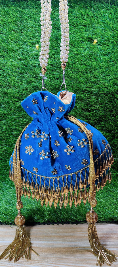 Indian Women Fashion Handmade Potli Bag, Ethnic Wedding And Festivals, hand bag, Bridal Bag Embellished With Beads & Pearls