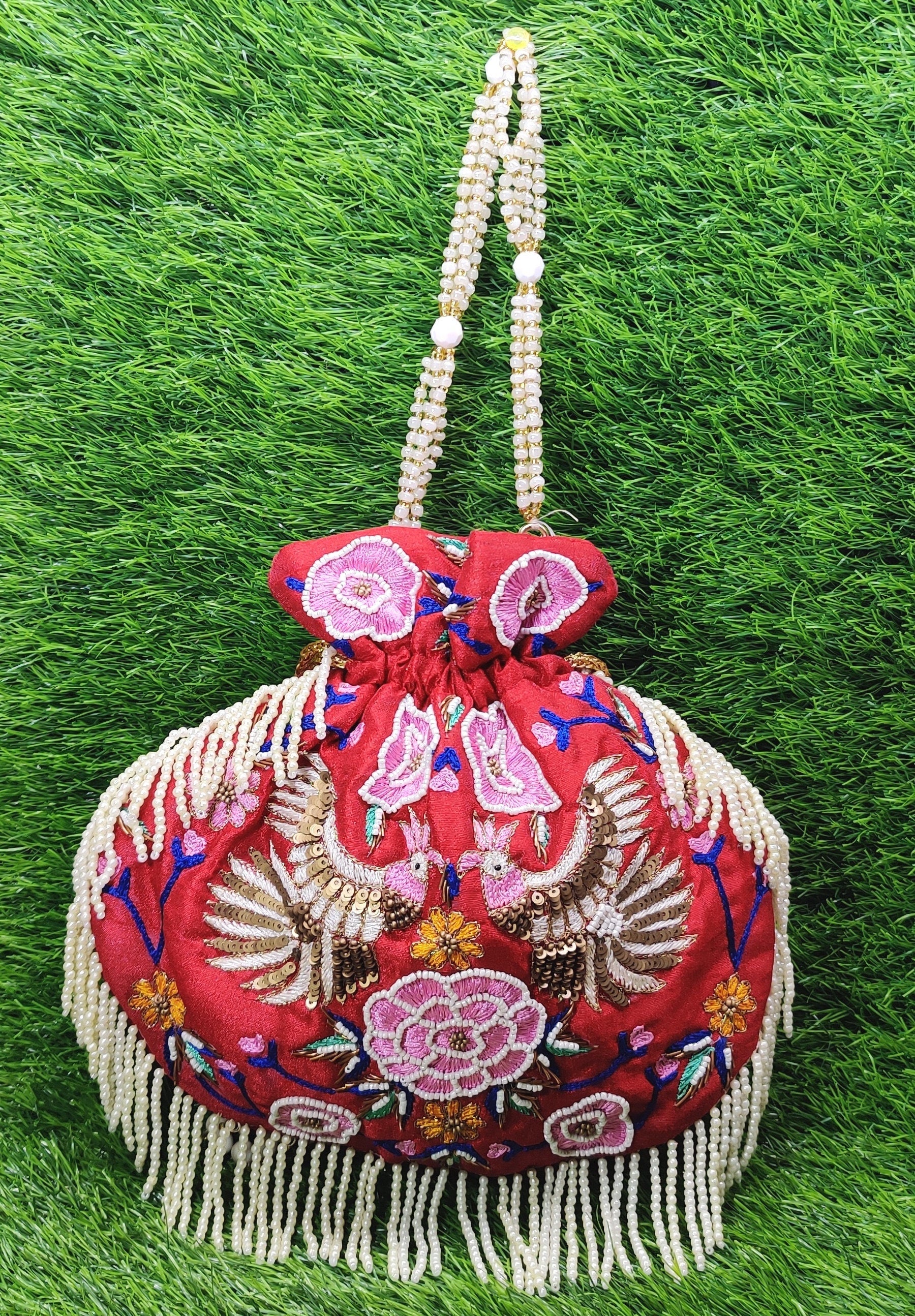 Indian Red Color Women Fashion Handmade Potli Bag, Ethnic Wedding And Festivals, hand bag, Bridal Bag Embellished With Beads & Pearls