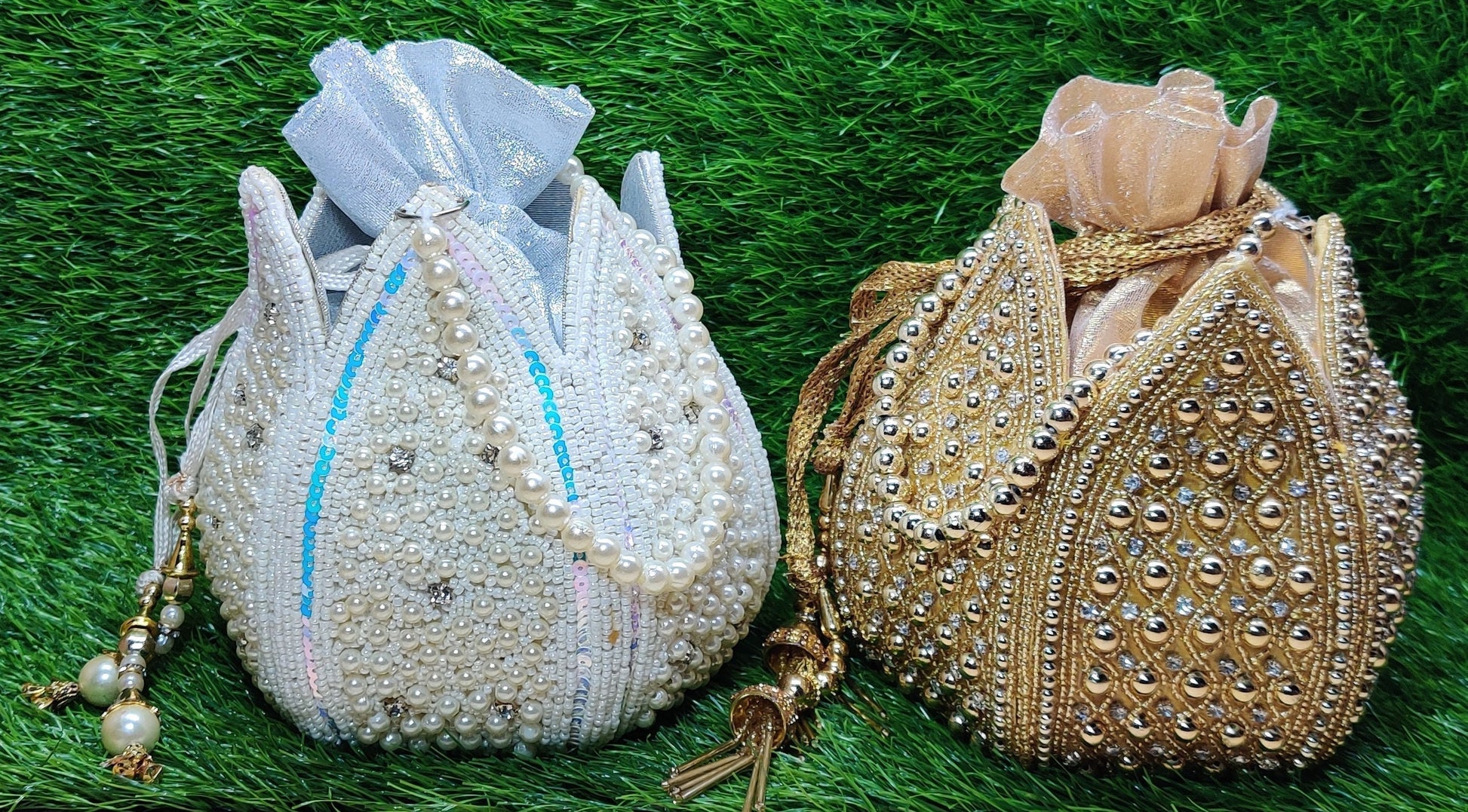 Indian Women Heavy Beaded Fashion Handmade Potli Bag, Ethnic Wedding And Festivals, hand bag, Bridal Bag Embellished With Beads & Pearls