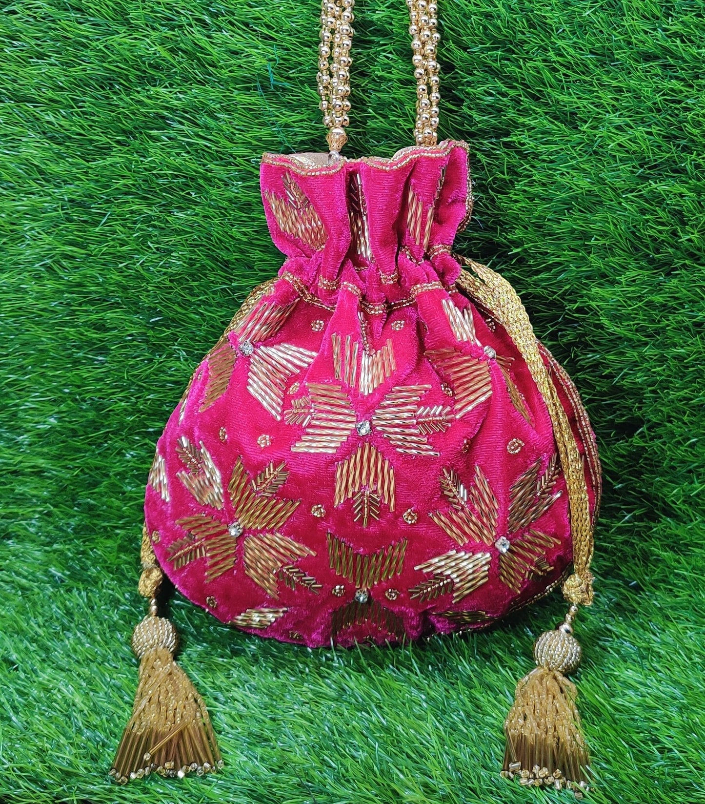 Indian Magenta Color Women Fashion Handmade Potli Bag, Ethnic Wedding And Festivals, hand bag, Bridal Bag Embellished With Beads & Pearls