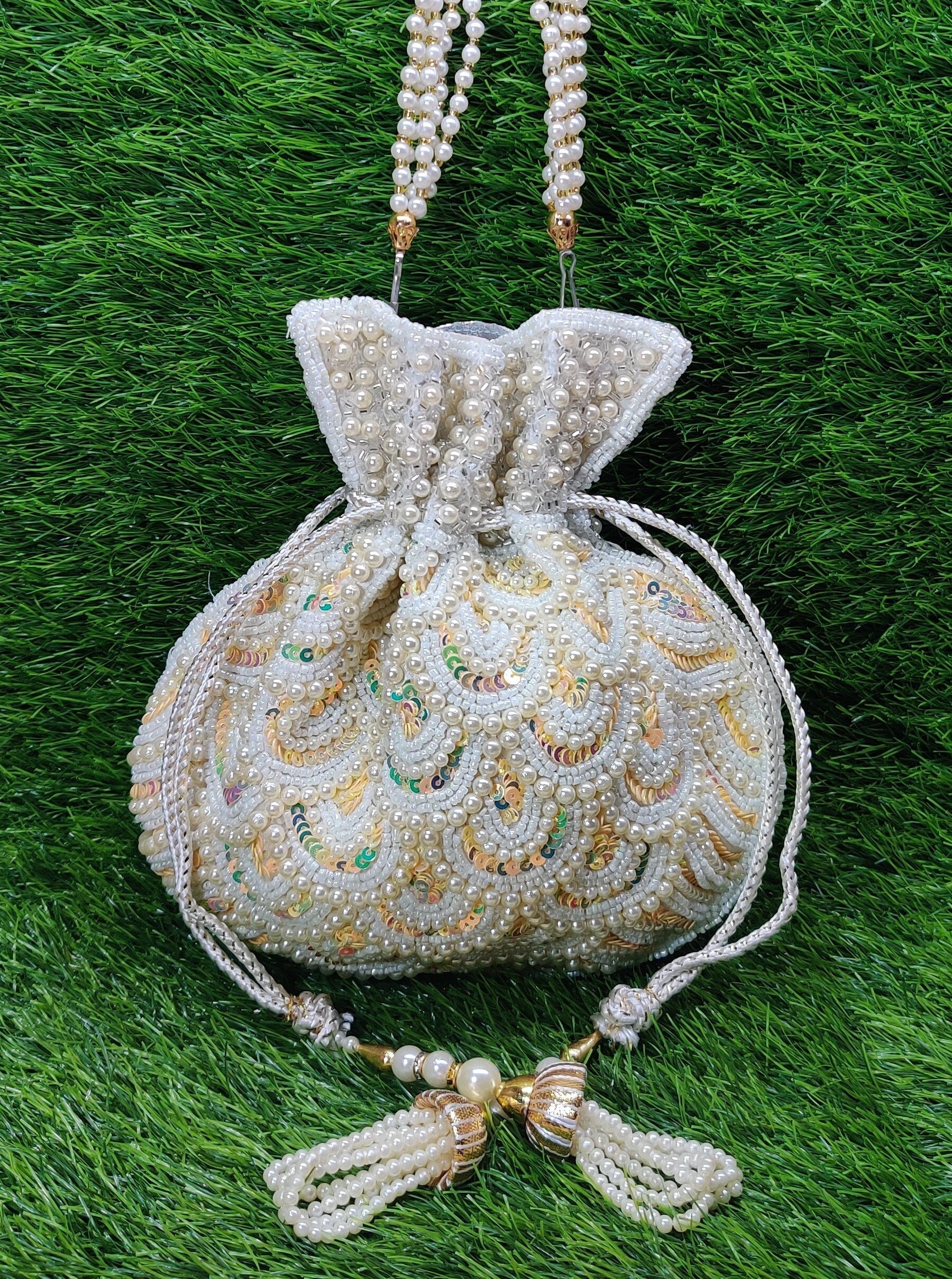 Indian Women Heavy Beaded Fashion Handmade Potli Bag, Ethnic Wedding And Festivals, hand bag, Bridal Bag Embellished With Beads & Pearls