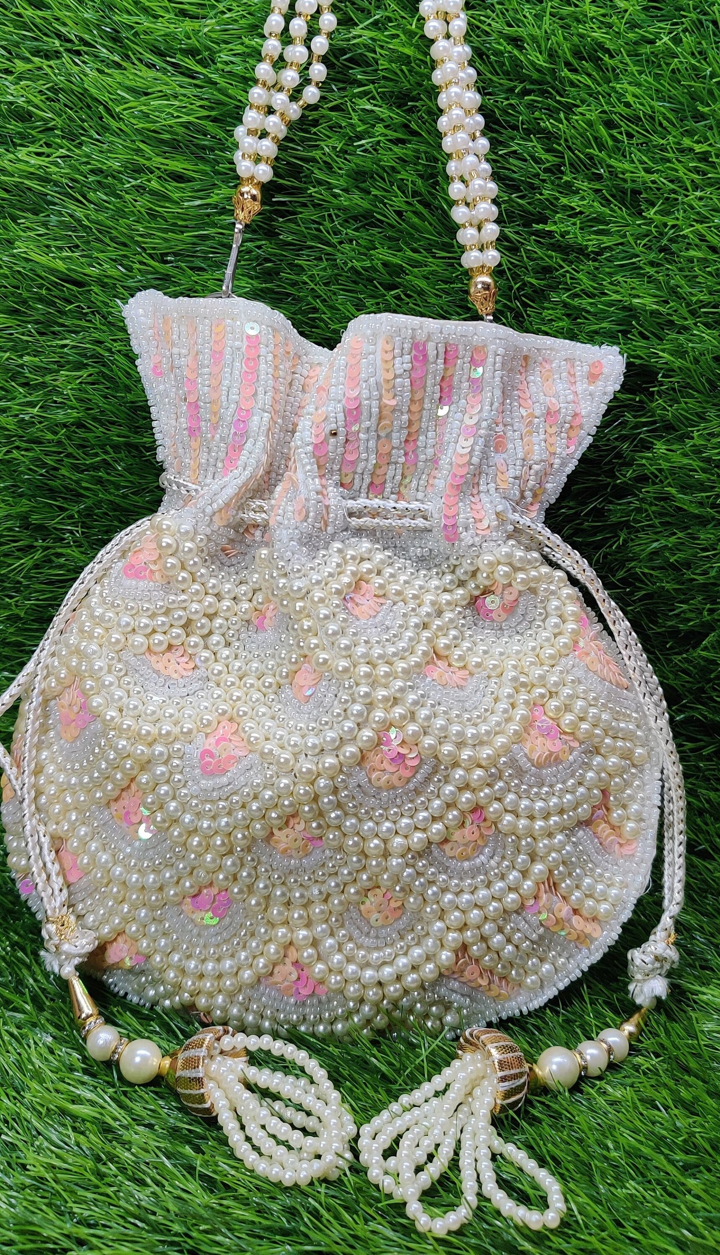 Indian Women Heavy Beaded Fashion Handmade Potli Bag, Ethnic Wedding And Festivals, hand bag, Bridal Bag Embellished With Beads & Pearls