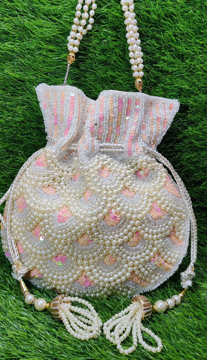 Indian Women Heavy Beaded Fashion Handmade Potli Bag, Ethnic Wedding And Festivals, hand bag, Bridal Bag Embellished With Beads & Pearls