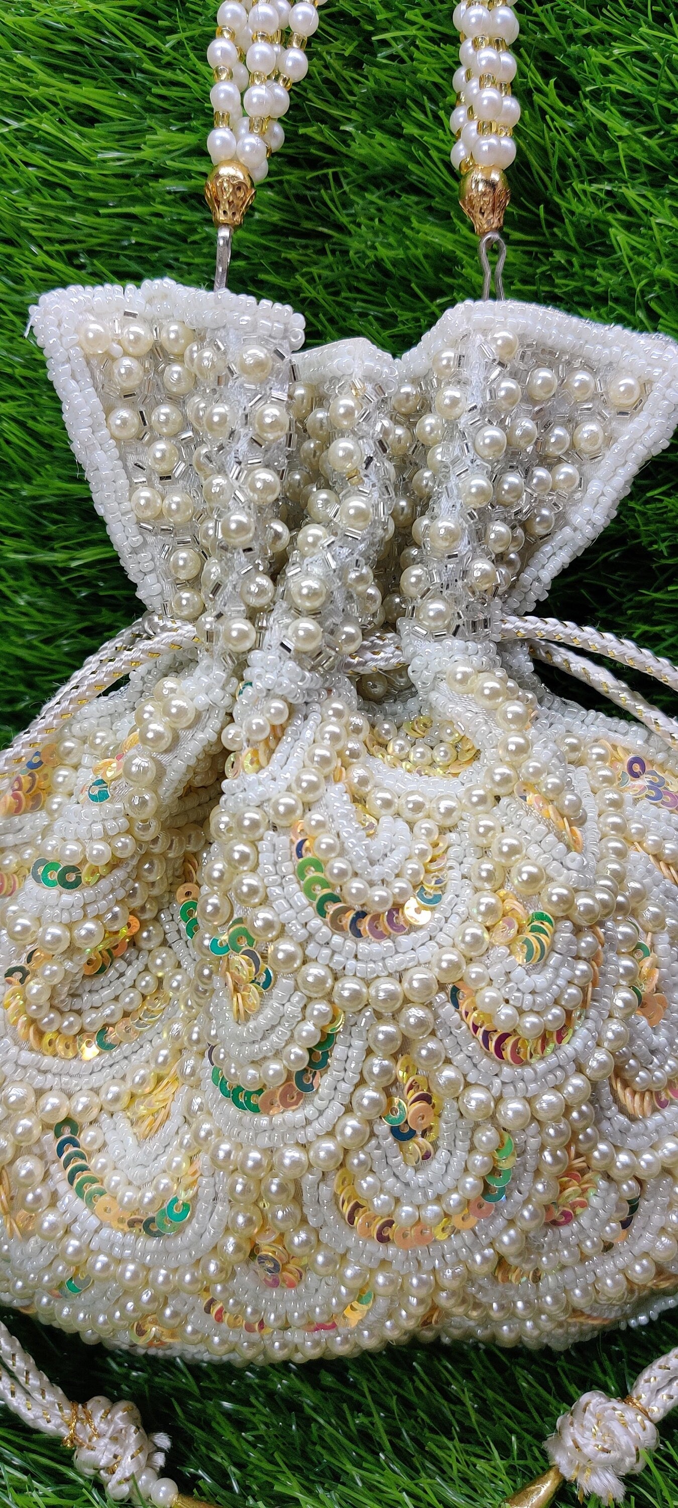 Indian Women Heavy Beaded Fashion Handmade Potli Bag, Ethnic Wedding And Festivals, hand bag, Bridal Bag Embellished With Beads & Pearls