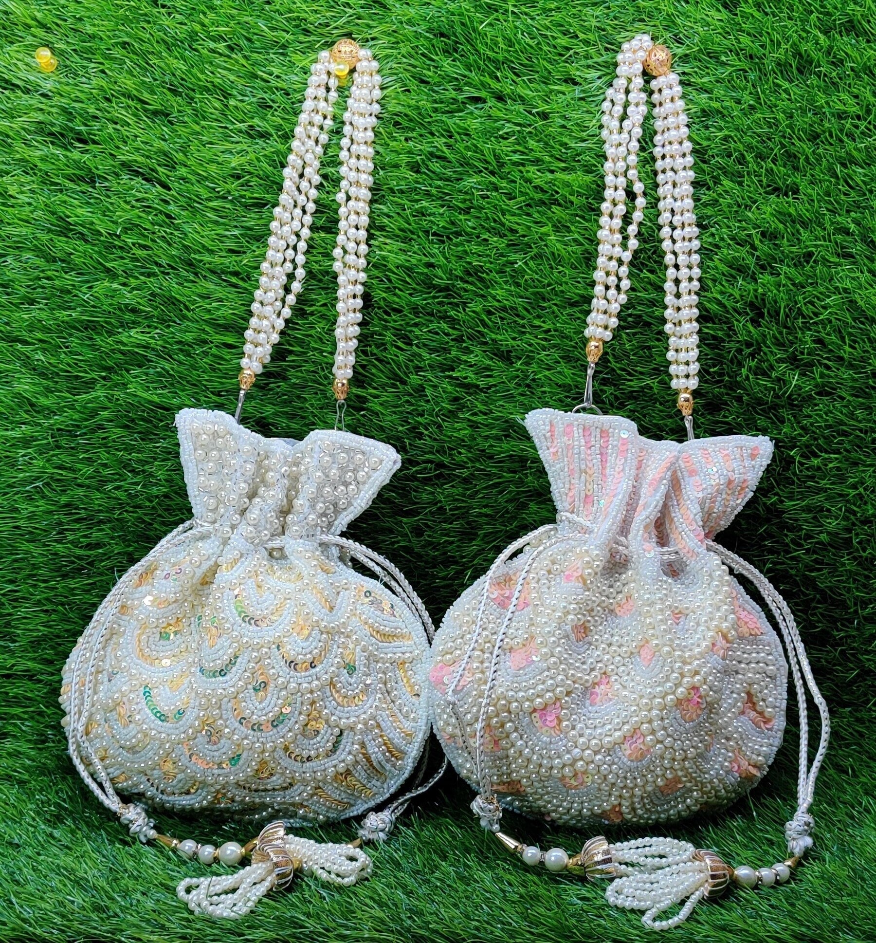 Indian Women Heavy Beaded Fashion Handmade Potli Bag, Ethnic Wedding And Festivals, hand bag, Bridal Bag Embellished With Beads & Pearls