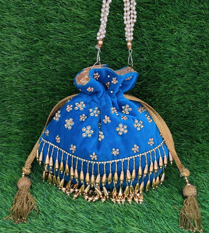 Indian Women Fashion Handmade Potli Bag, Ethnic Wedding And Festivals, hand bag, Bridal Bag Embellished With Beads & Pearls