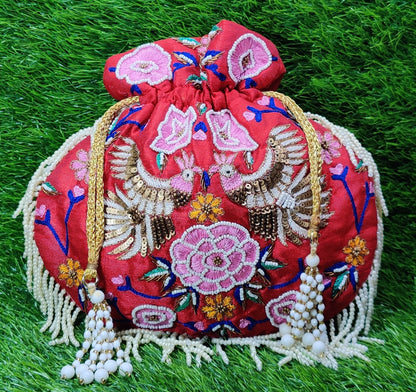 Indian Red Color Women Fashion Handmade Potli Bag, Ethnic Wedding And Festivals, hand bag, Bridal Bag Embellished With Beads & Pearls