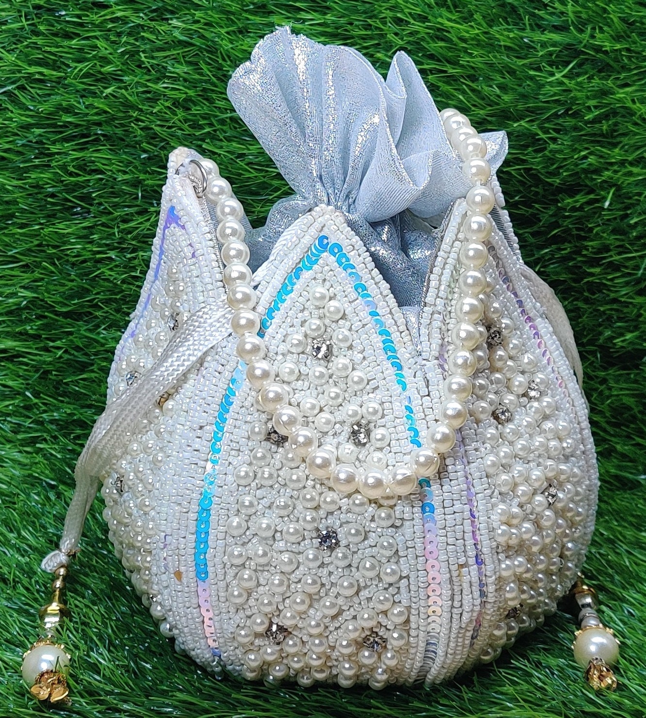 Indian Women Heavy Beaded Fashion Handmade Potli Bag, Ethnic Wedding And Festivals, hand bag, Bridal Bag Embellished With Beads & Pearls