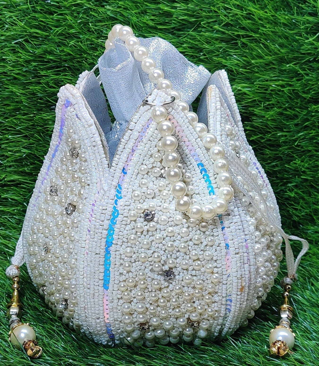 Indian Women Heavy Beaded Fashion Handmade Potli Bag, Ethnic Wedding And Festivals, hand bag, Bridal Bag Embellished With Beads & Pearls