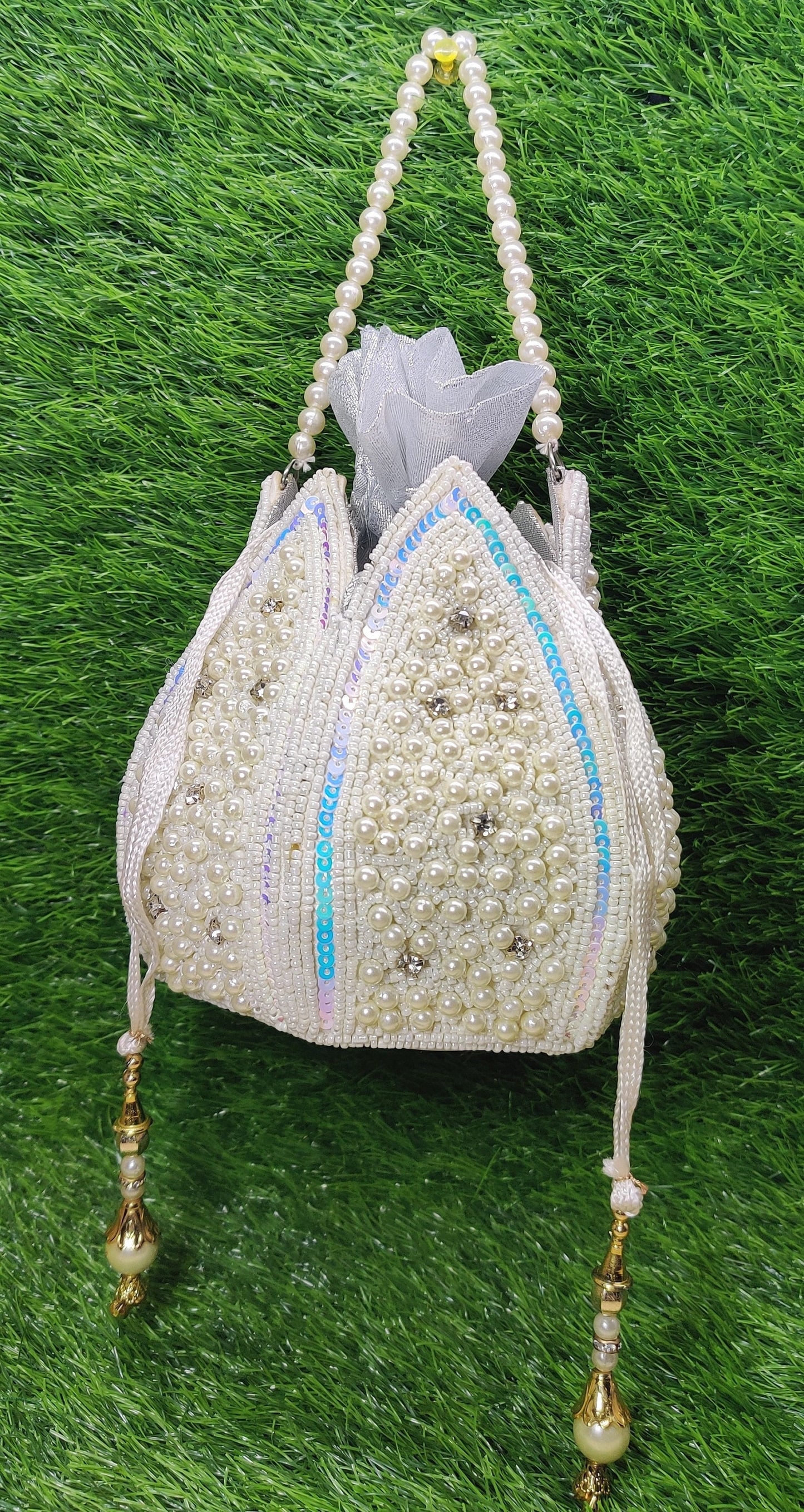 Indian Women Heavy Beaded Fashion Handmade Potli Bag, Ethnic Wedding And Festivals, hand bag, Bridal Bag Embellished With Beads & Pearls