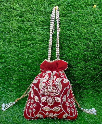 Indian Women Fashion Handmade Potli Bag, Ethnic Wedding And Festivals, hand bag, Bridal Bag Embellished With Beads & Pearls