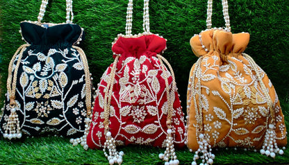 Indian Women Fashion Handmade Potli Bag, Ethnic Wedding And Festivals, hand bag, Bridal Bag Embellished With Beads & Pearls