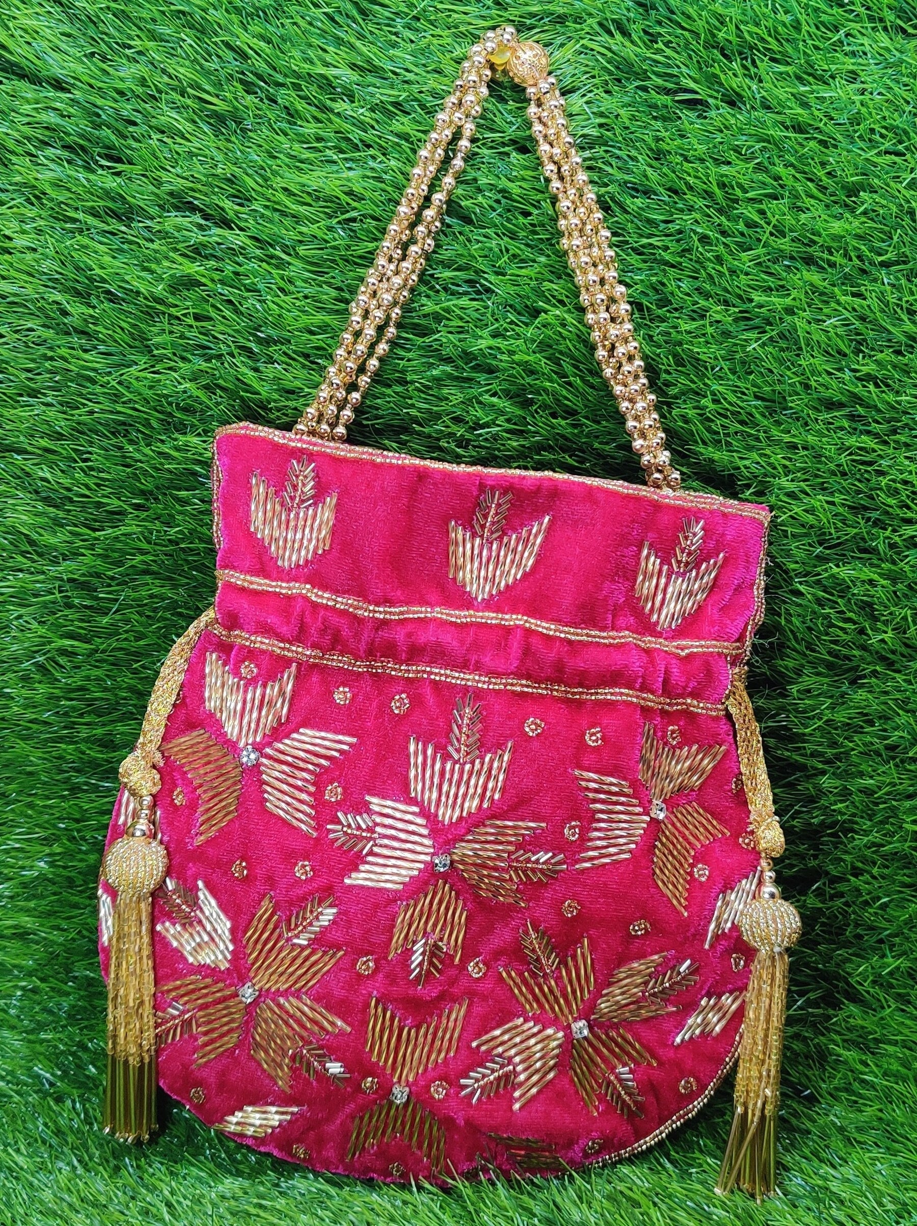 Indian Magenta Color Women Fashion Handmade Potli Bag, Ethnic Wedding And Festivals, hand bag, Bridal Bag Embellished With Beads & Pearls