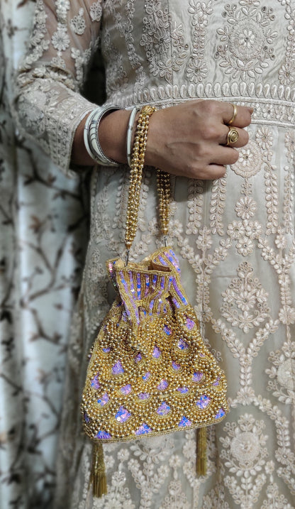 Indian Golden purple Color Women Fashion Handmade Potli Bag, Ethnic Wedding hand bag, Bridal Bag Embellished With Beads & Pearls