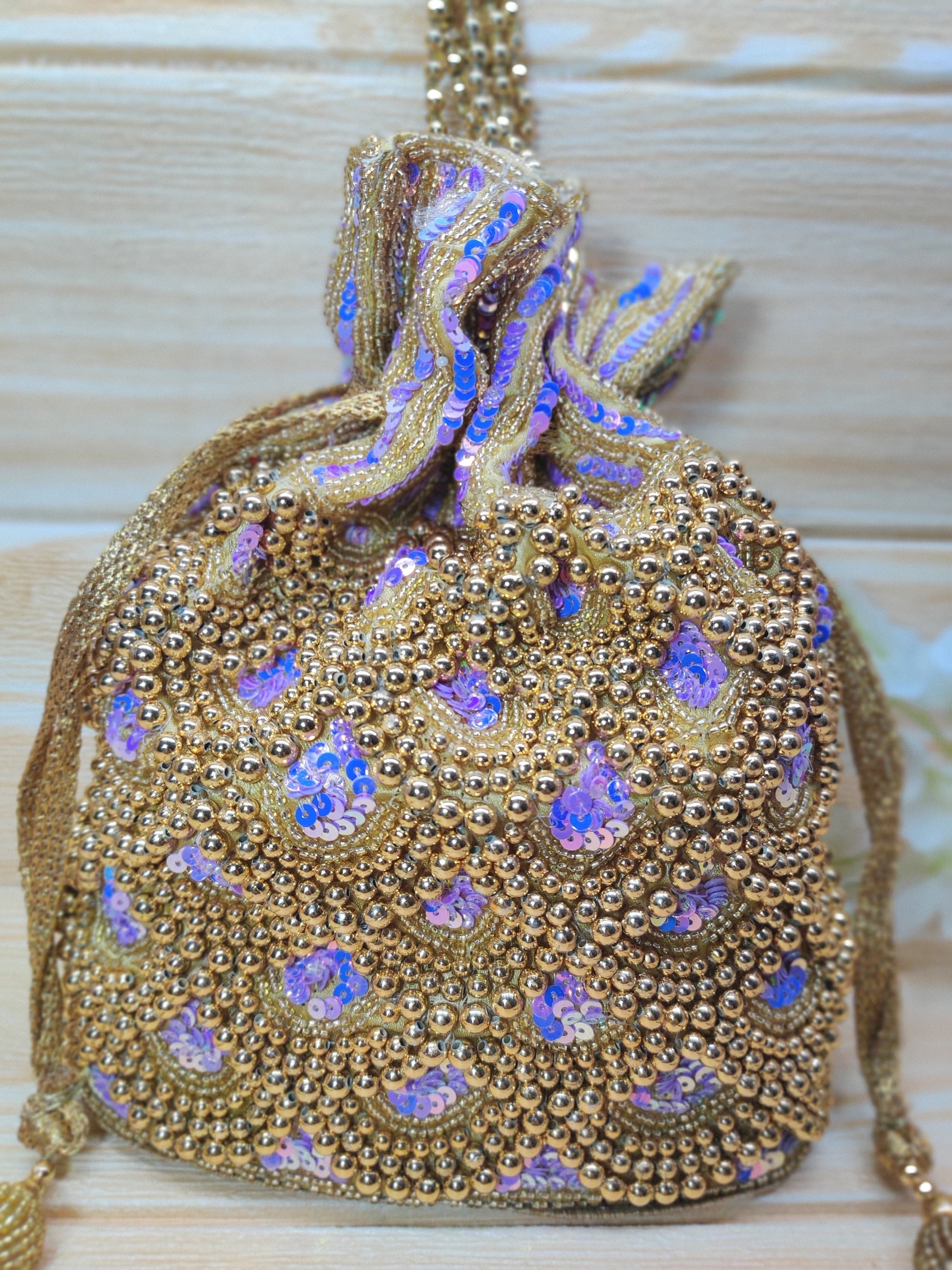 Indian Golden purple Color Women Fashion Handmade Potli Bag, Ethnic Wedding hand bag, Bridal Bag Embellished With Beads & Pearls