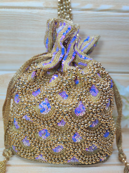 Indian Golden purple Color Women Fashion Handmade Potli Bag, Ethnic Wedding hand bag, Bridal Bag Embellished With Beads & Pearls