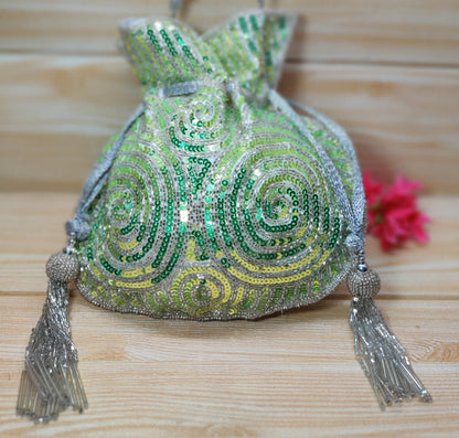 Indian Green Color Women Fashion Handmade Potli Bag, Ethnic Wedding hand bag, Bridal Bag Embellished With Beads & Pearls