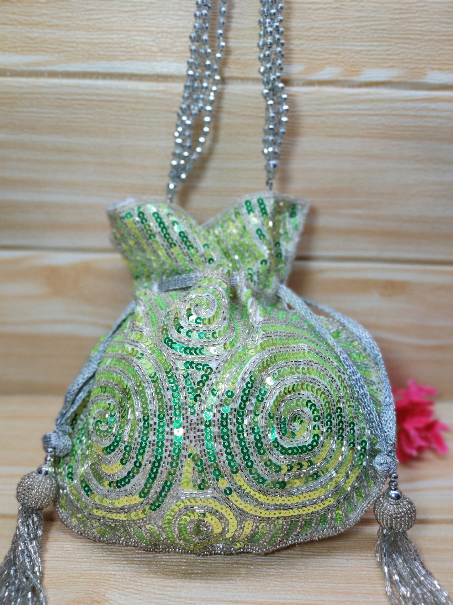 Indian Green Color Women Fashion Handmade Potli Bag, Ethnic Wedding hand bag, Bridal Bag Embellished With Beads & Pearls