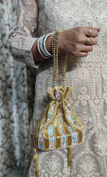 Indian Golden color Women Fashion Handmade Potli Bag, Ethnic Wedding And Festivals, hand bag, Bridal Bag Embellished With Beads & Pearls