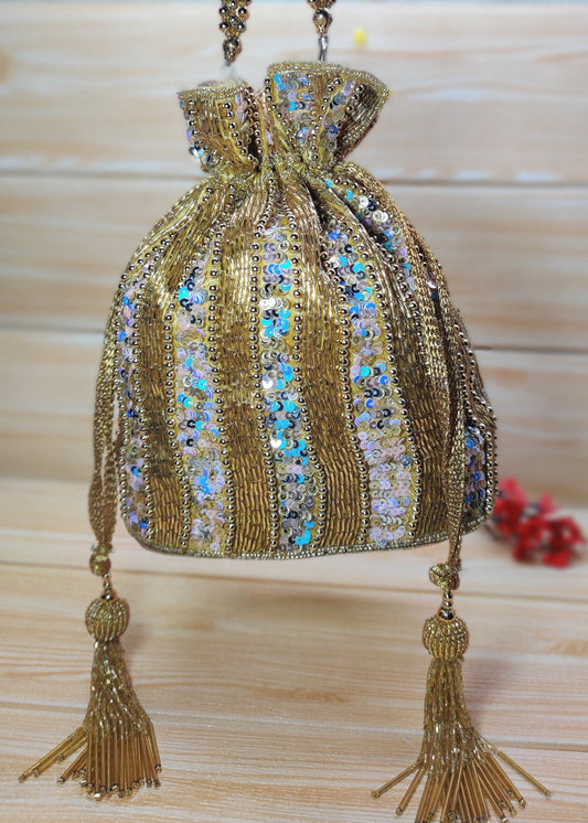 Indian Golden color Women Fashion Handmade Potli Bag, Ethnic Wedding And Festivals, hand bag, Bridal Bag Embellished With Beads & Pearls