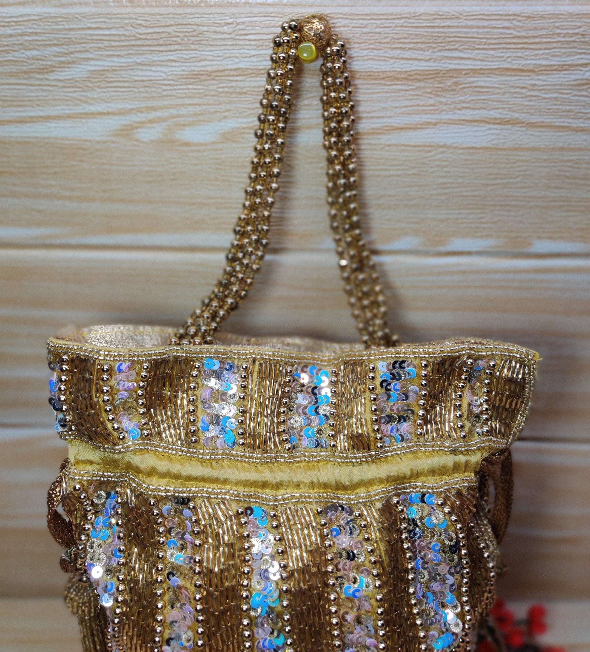 Indian Golden color Women Fashion Handmade Potli Bag, Ethnic Wedding And Festivals, hand bag, Bridal Bag Embellished With Beads & Pearls