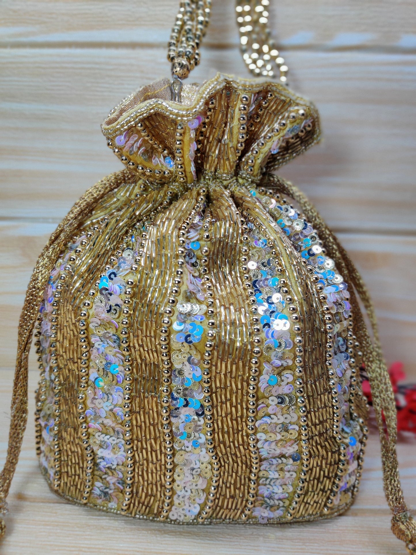 Indian Golden color Women Fashion Handmade Potli Bag, Ethnic Wedding And Festivals, hand bag, Bridal Bag Embellished With Beads & Pearls