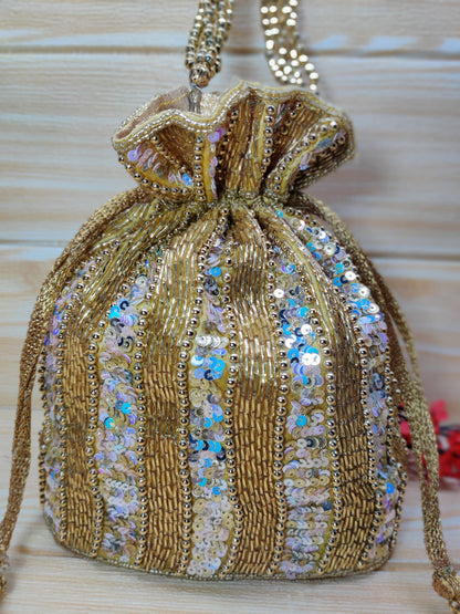 Indian Golden color Women Fashion Handmade Potli Bag, Ethnic Wedding And Festivals, hand bag, Bridal Bag Embellished With Beads & Pearls